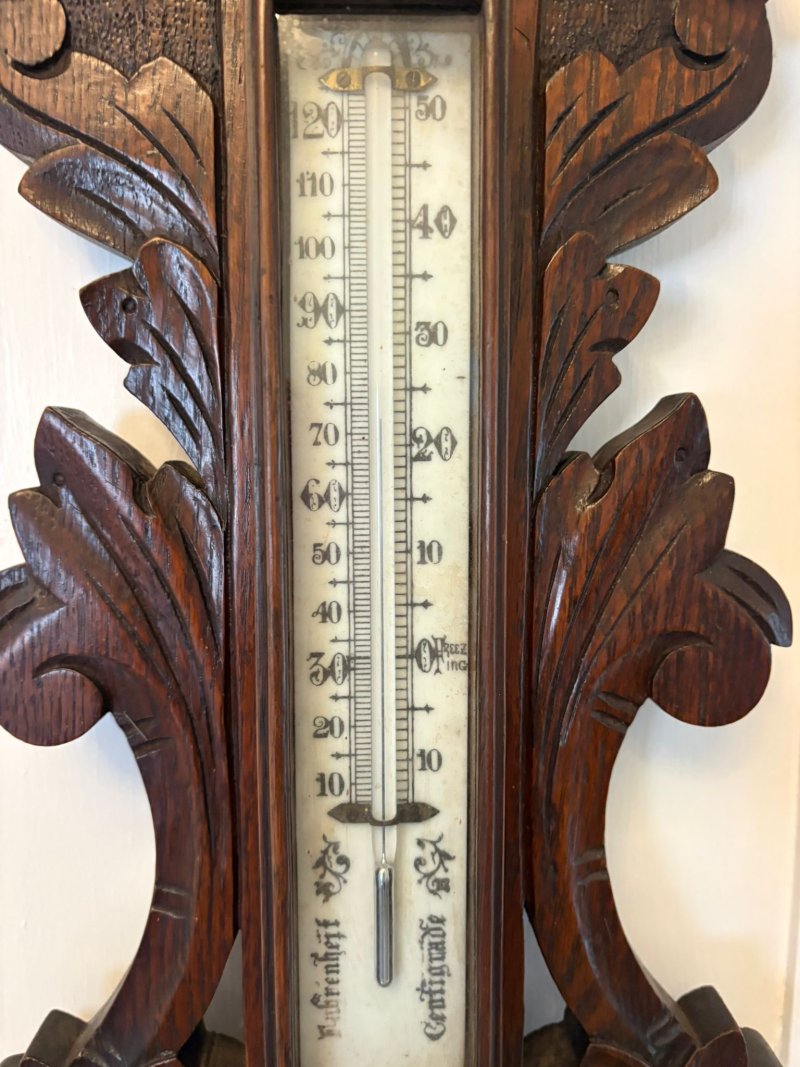 Antique Carved Oak Aneroid Barometer with Thermometer - Image 9